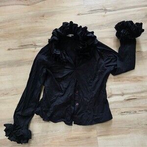 Black Ruffle Neck and Cuff Button Down Blouse Sz 2 Layer Crewneck Poet Victorian